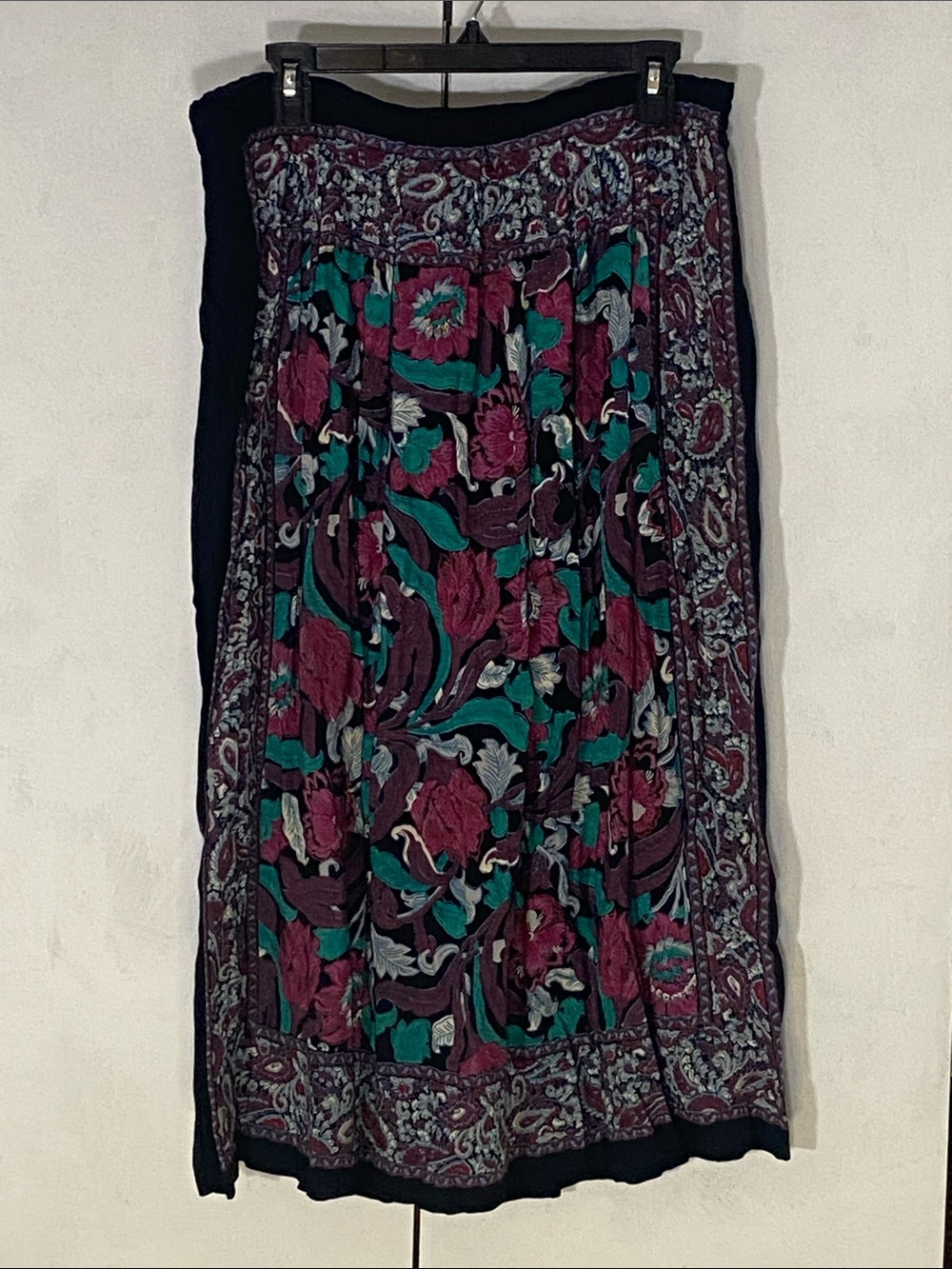 Bohemian Floral Border Maxi Skirt - Black, Teal & Magenta Vintage Medium Union